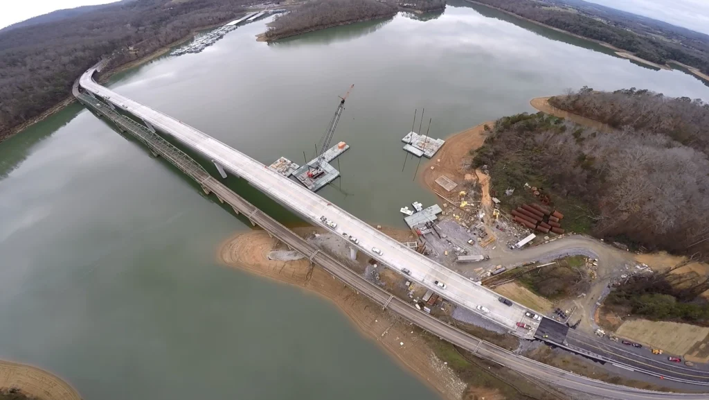 Aerial view of bridge and roadway construction by Kay and Kay Contracting