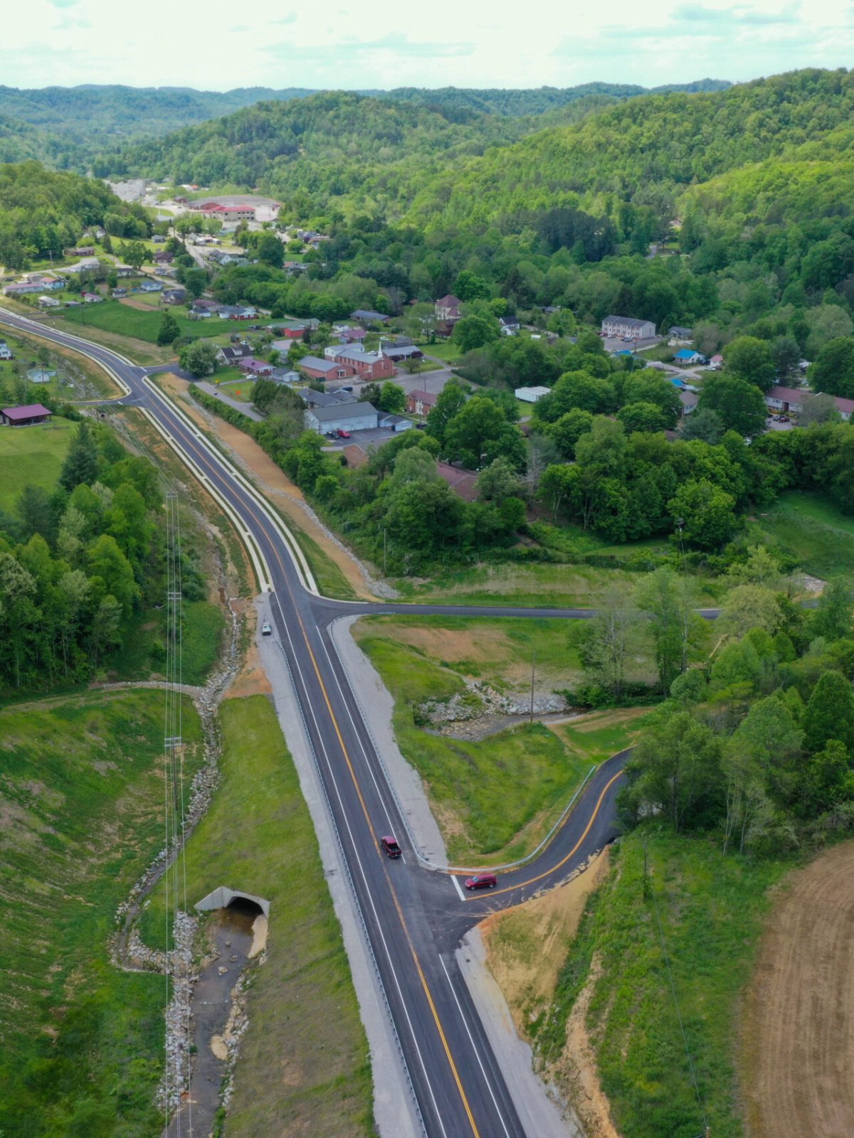 Aerial view of Kentucky roadway construction and grading work