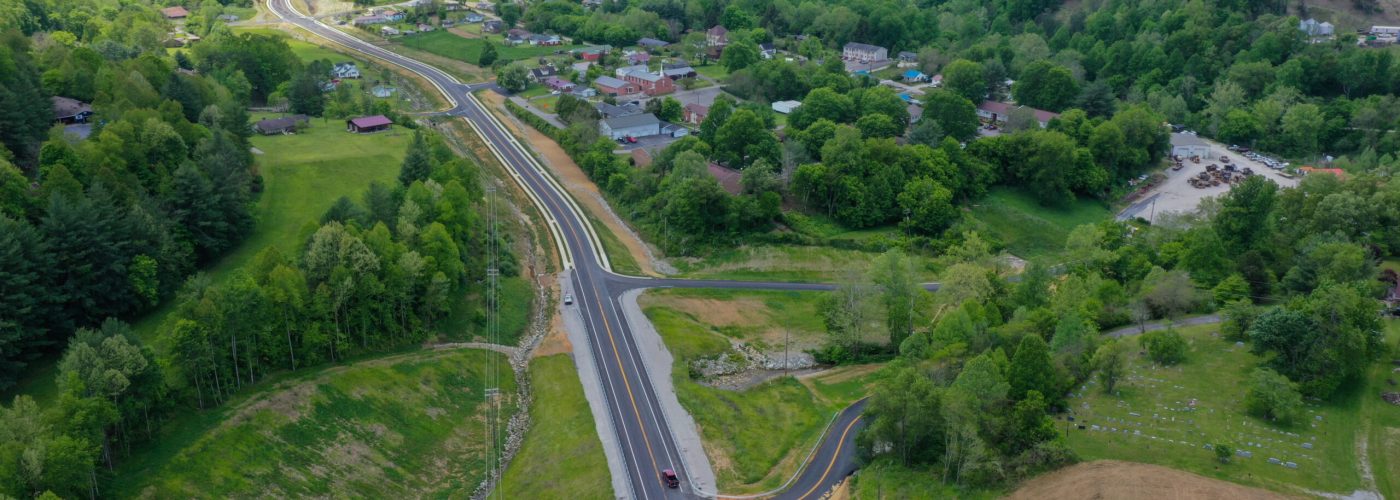 Aerial view of Kentucky roadway construction and grading work